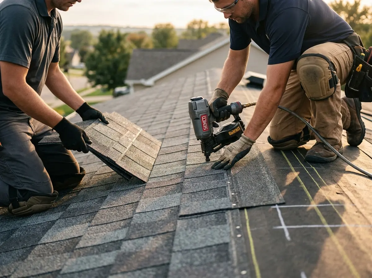Professional roofer working on a residential roof in Englewood Cliffs